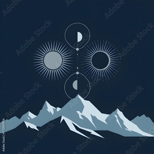 Minimalist Celestial Illustration with Mountains, Sunburst, and Moon Phases