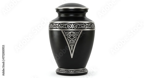 Black urn with ornate silver pattern isolated on white background