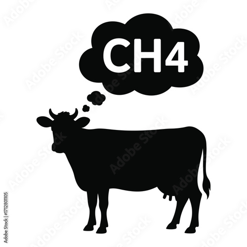 Cow silhouette with thought bubble containing CH4 chemical formula isolated black and white vector illustration