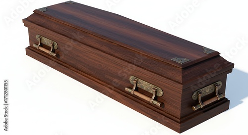 Closed dark wood coffin with metal handles and decorative corner detail isolated on white background