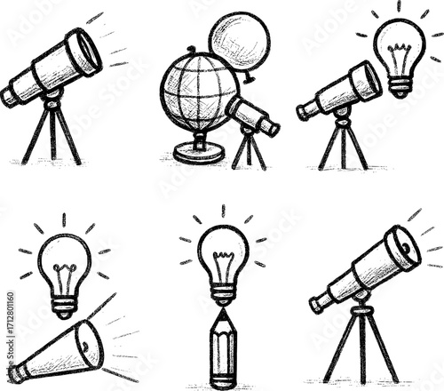 Telescope projections shaping ideas vector icons pencil sketch set white background black lines