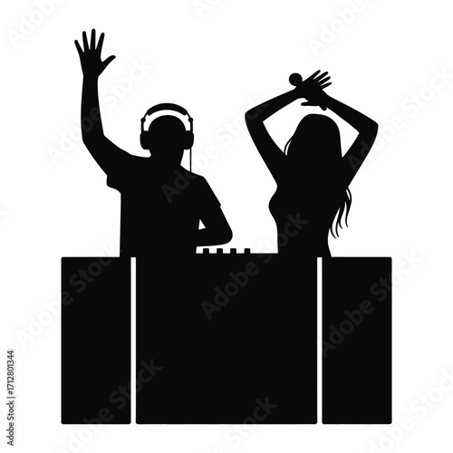 : DJ and singer silhouette performing together at nightclub party isolated black and white vector illustration