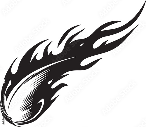 Stylized Black Comet Silhouette with Fiery Tail on White Background meteor space