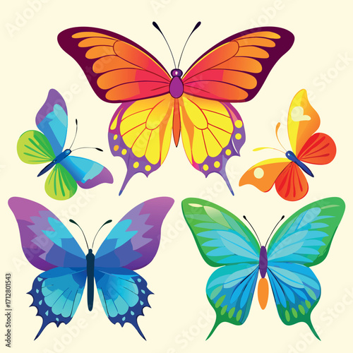 Five colorful stylized butterflies on a plain background butterfly insect