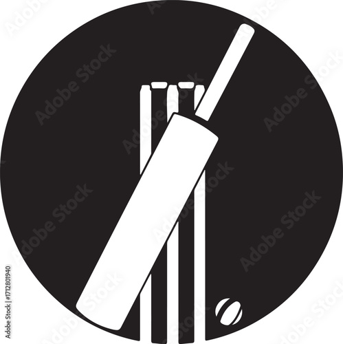 White cricket bat stumps and ball icon on black circle background sport