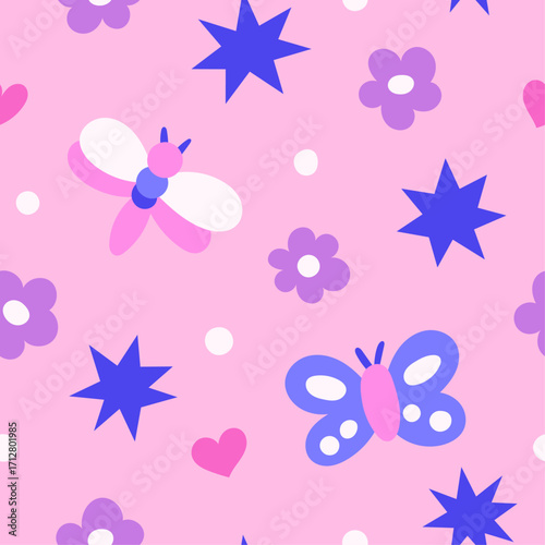 Cute vector seamless pattern with florals and moths. Hand drawn botanical illustration with whimsical colors.