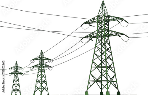 Three high voltage transmission towers with power lines, steel lattice pylons, electricity distribution infrastructure, energy grid, industrial engineering illustration