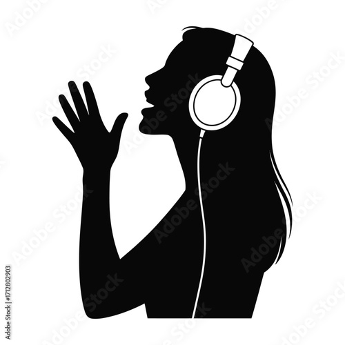 Female silhouette singing with headphones in recording studio isolated black and white vector illustration