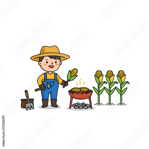 Farmer grilling corn on the cob at a barbecue.