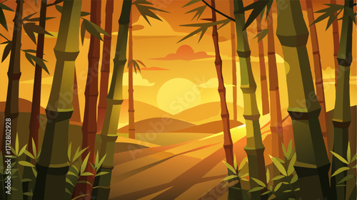 As the sun sets the bamboo grove is illuminated by soft golden rays casting a warm glow on the serene landscape.