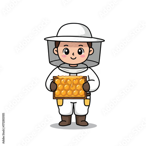 Cute Beekeeper Character Holding Honeycomb Frame Illustration.