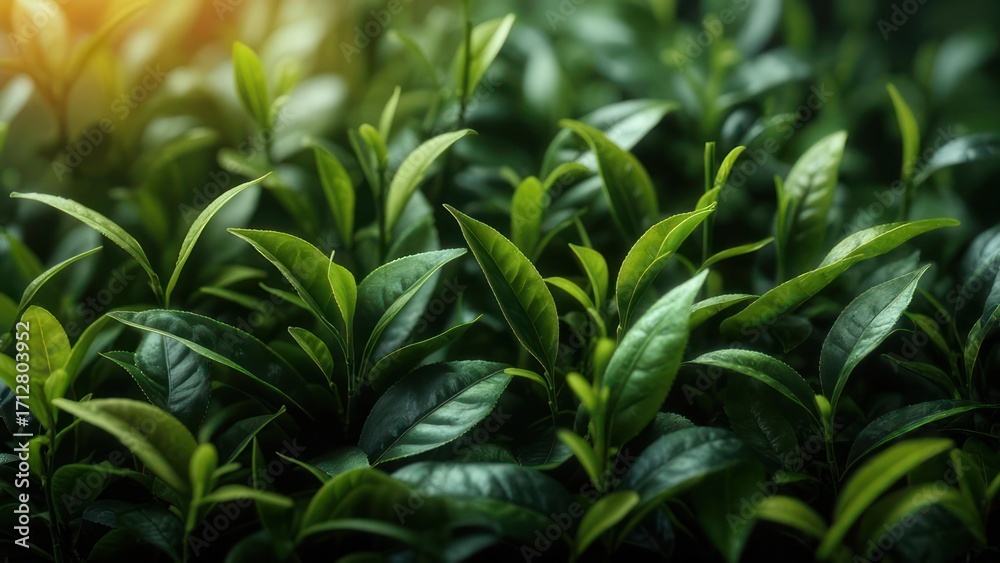 Fototapeta premium Lush tea leaves in sunlight