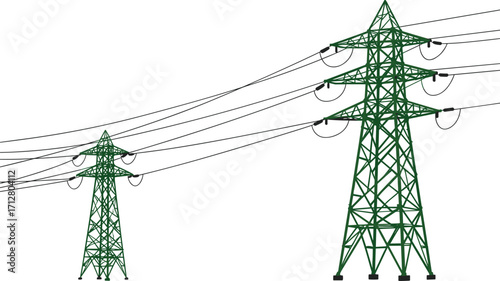 Two high voltage transmission towers with power lines, steel lattice pylons, electricity distribution infrastructure, energy grid, industrial engineering illustration