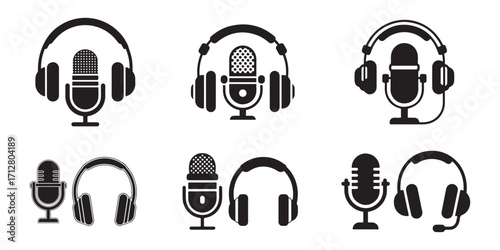 Set of minimalist icons featuring microphones and headphones for audio recording and broadcasting applications isolated on white background