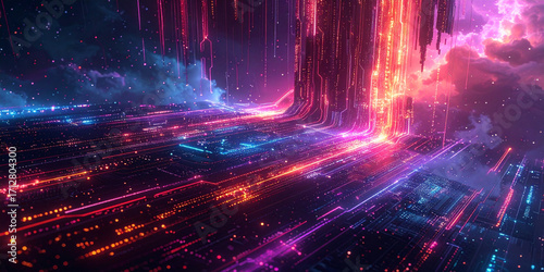 Dazzling abstract network of glowing data lines and futuristic digital architecture, symbolizing the expansive and interconnected world of technology and information