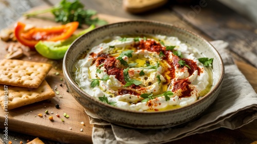 Creamy cottage cheese seasoned with smoked paprika and garlic powder. Golden olive oil is poured on top. Freshly chopped parsley and a pinch of ground black pepper are sprinkled for decoration.