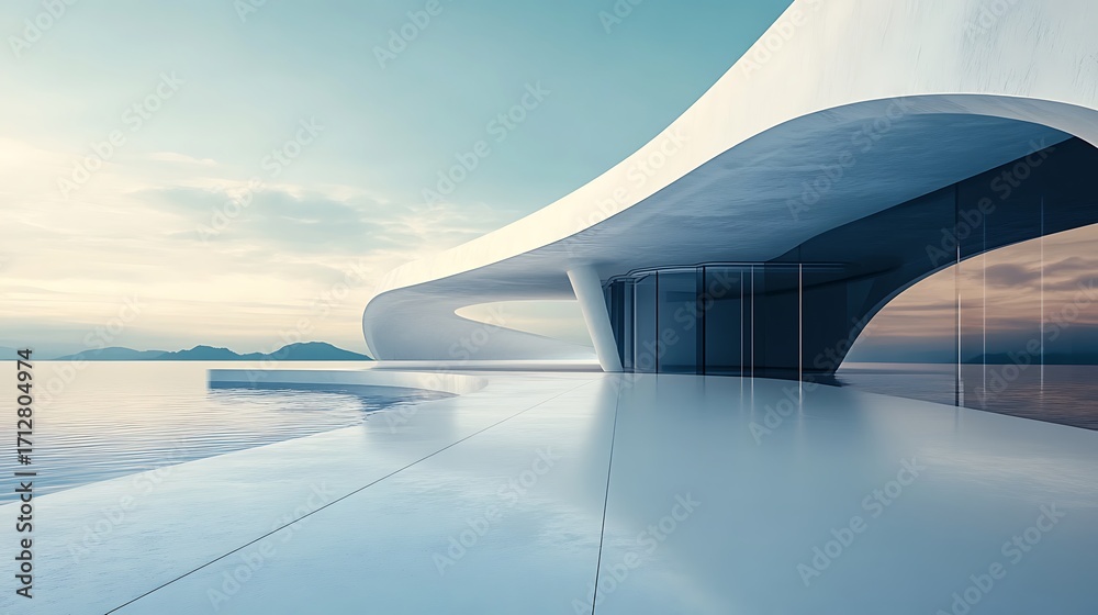 Fototapeta premium Modern architectural building with sleek curves overlooking a serene waterfront
