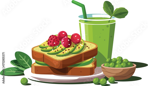 Healthy avocado toast stacked with berries and a refreshing green smoothie
