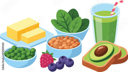 Healthy food assortment featuring avocado toast spinach berries chickpeas and a green smoothie