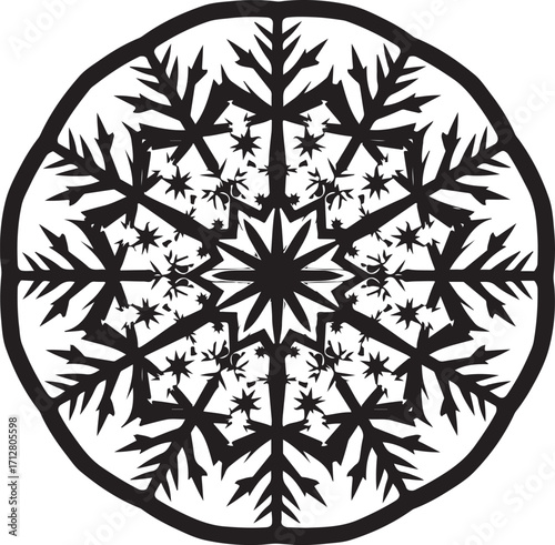 Intricate snowflake mandala design in black and white