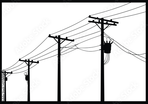 Utility poles with power lines silhouette, electricity distribution infrastructure, rural and urban energy grid, electrical engineering, industrial design illustration