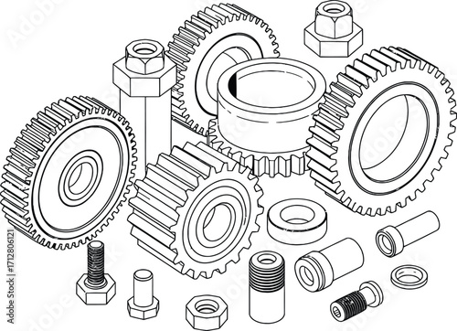 Detailed line drawing illustration of various gears and mechanical components for engineering and industrial applications