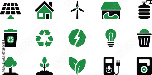 Collection of green energy and sustainability icons representing environmental conservation and eco friendly living concepts