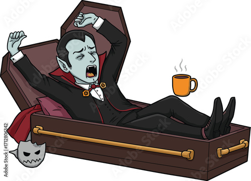 Funny cartoon vampire waking up in coffin with cup of coffee, spooky Halloween monster character illustration, gothic horror humor design artwork