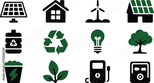 Collection of eco friendly icons representing renewable energy sustainability and environmental protection concepts