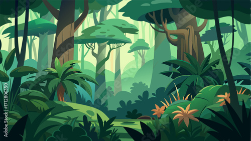 A dense jungle canopy covering the majority of the island filled with exotic flora and fauna waiting to be discovered.