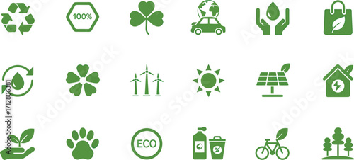 Collection of green eco friendly icons representing sustainability and environmental protection concepts