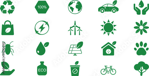 Collection of green eco friendly icons representing sustainability and environmental protection concepts