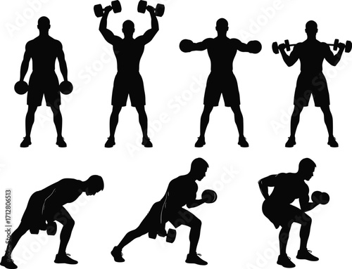 Silhouette dumbbell exercise poses, strength training workout, fitness bodybuilding routine, gym weightlifting sport, muscle building health, endurance power conditioning