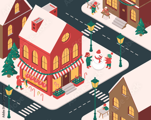 Charming isometric christmas village scene with festive buildings and snow