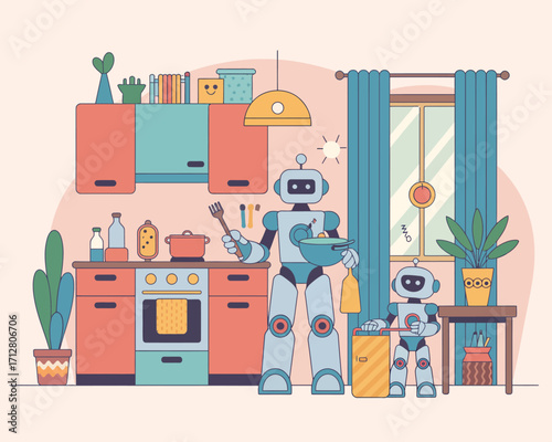 Cute and friendly robots performing daily tasks with colorful accents