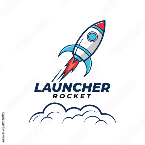 Creative rocket launcher logo vector featuring a flying space shuttle with fire trail and smoke clouds. Perfect for technology startups, space exploration, innovation, aerospace, science, and futurist