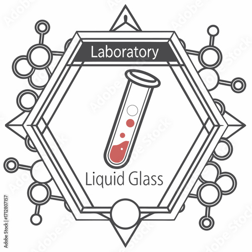 Minimal line art laboratory logo design featuring a test tube with red liquid and molecular structure elements. Perfect for science research, chemistry, biotechnology, medical labs, and educational pr