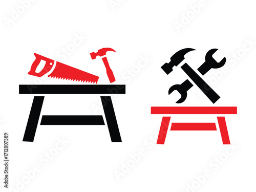 Two workbenches with tools isolated on white background, one black and one red
