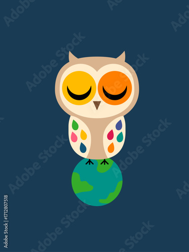 A serene and minimalist vector illustration of a cute, colorful owl perched peacefully on top of the planet Earth. The design features a simple, flat style with a playful color palette of warm yellows
