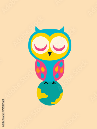 A charming and minimalist vector illustration of a cute, colorful owl with its eyes closed, perched peacefully on top of the planet Earth. The design features a simple, flat style with a playful color