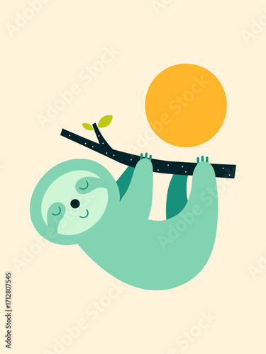 Cute Sloth Hanging from a Branch with the Sun