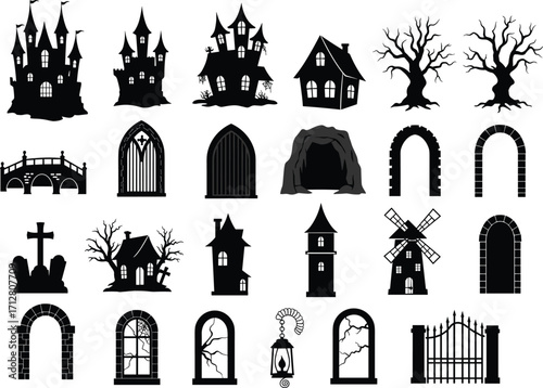 Silhouette haunted house castle gothic architecture icons, Halloween spooky graveyard gate tree window lantern creepy building illustration set