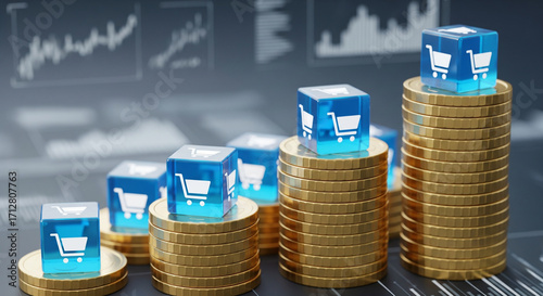 Dramatic Close-Up of Ascending Coin Stacks Topped with Shopping Cart Cubes