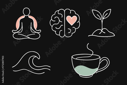 Minimalist vector line art icons depicting essential elements of mental health, well-being, nature, and calm for modern digital projects, promoting holistic lifestyle