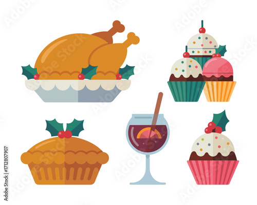 Flat style festive food set with roasted turkey and autumn elements