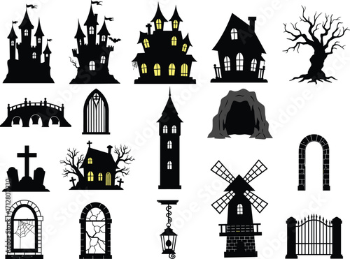 Silhouette haunted house castle gothic architecture icons, Halloween spooky graveyard lantern gate church creepy building illustration set