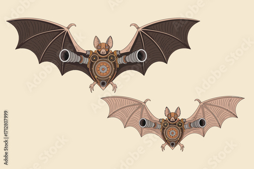 Steampunk flying bat shaped machines with intricate gears and mechanical details