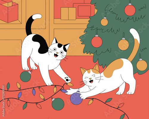 Playful kittens tangled in bright christmas lights holiday illustration