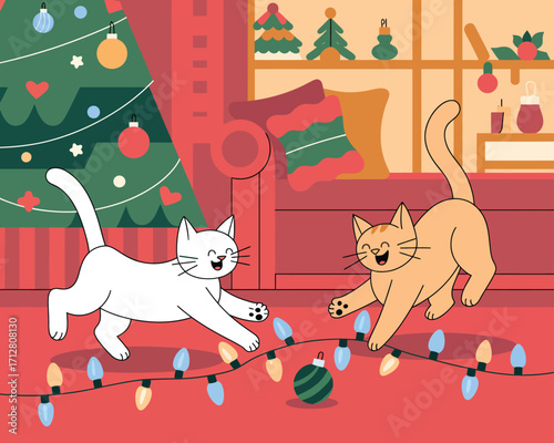 Whimsical cats playfully tangled in bright christmas lights