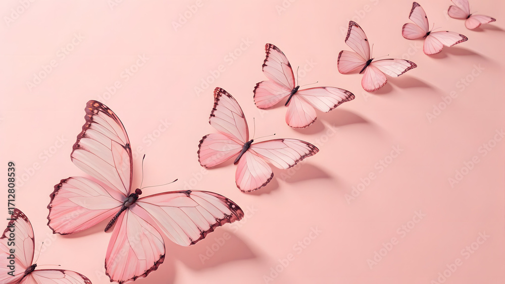 Fototapeta premium Delicate pink butterflies ascending in a soft dreamy pattern on a pastel background